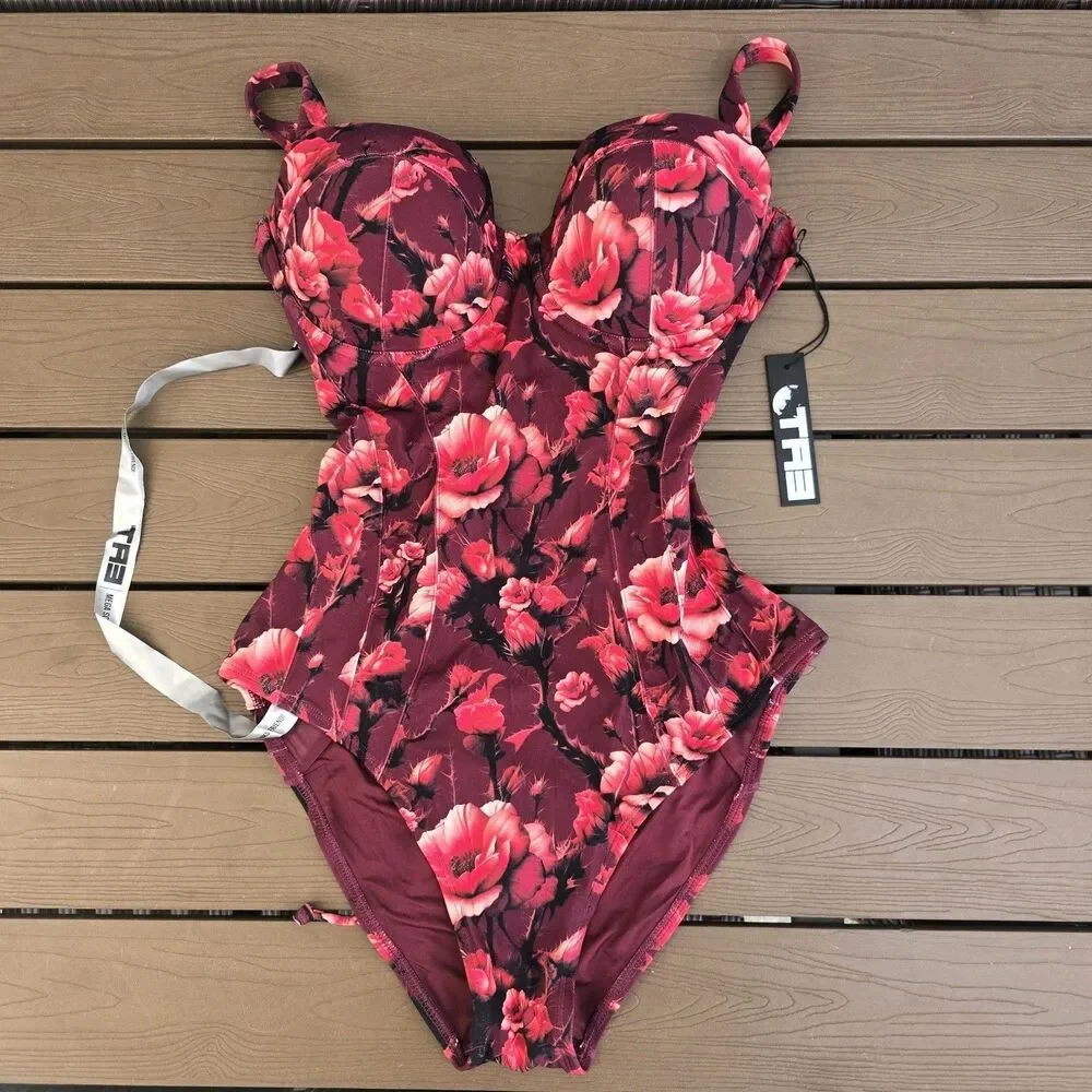 TA3 Womens Wine Floral Lushy D/DD cup Swim body sculpt Sz XL X Long Torso New